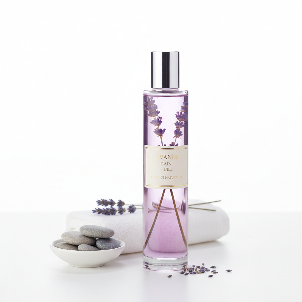 Aceite lavanda fondo blanco
