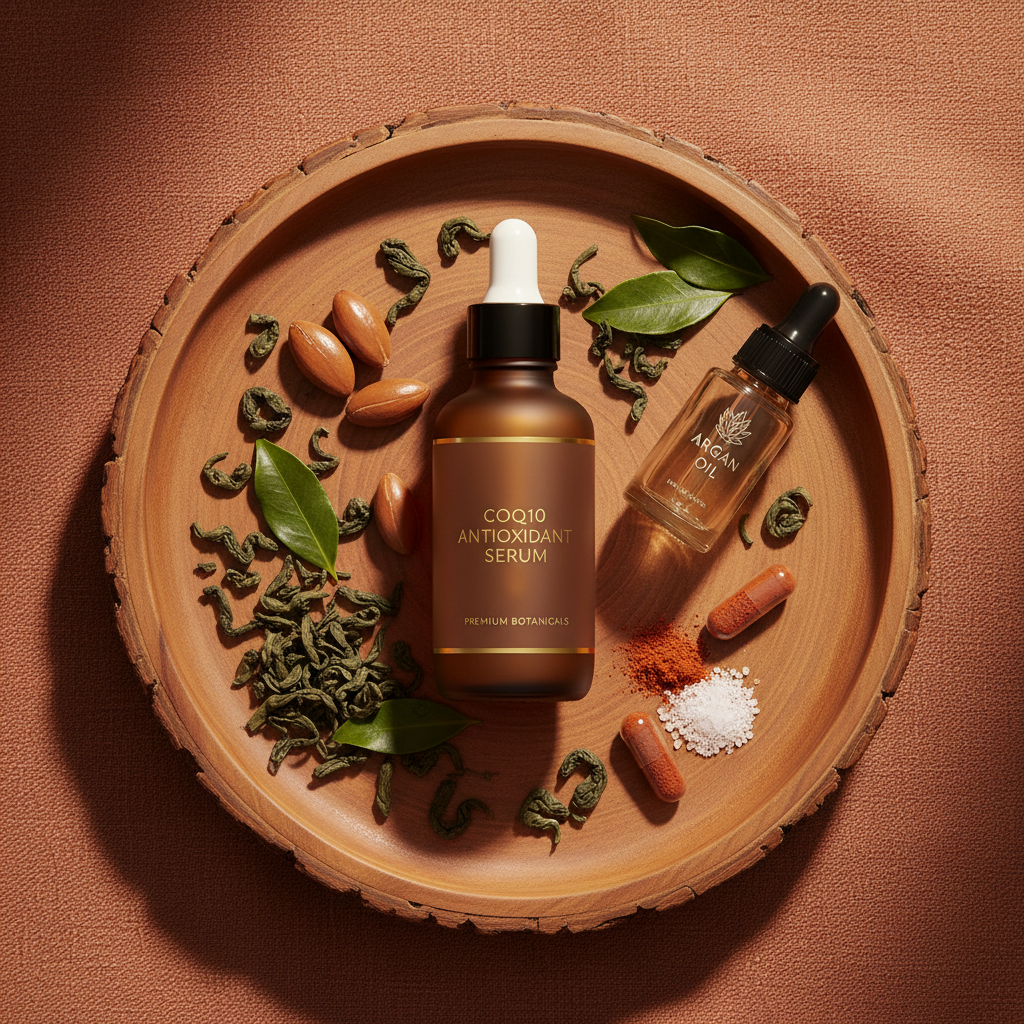 Serum CoQ10 flat lay con bandeja de madera
