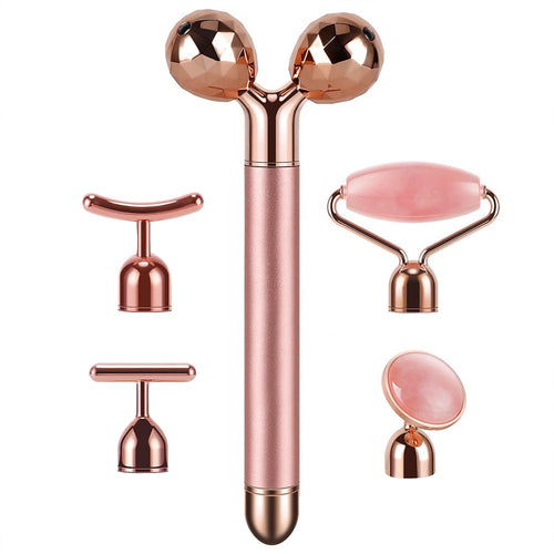 Masajeador Facial Eléctrico 5-en-1 Barra de Belleza Oro 24K Vibración Rosa